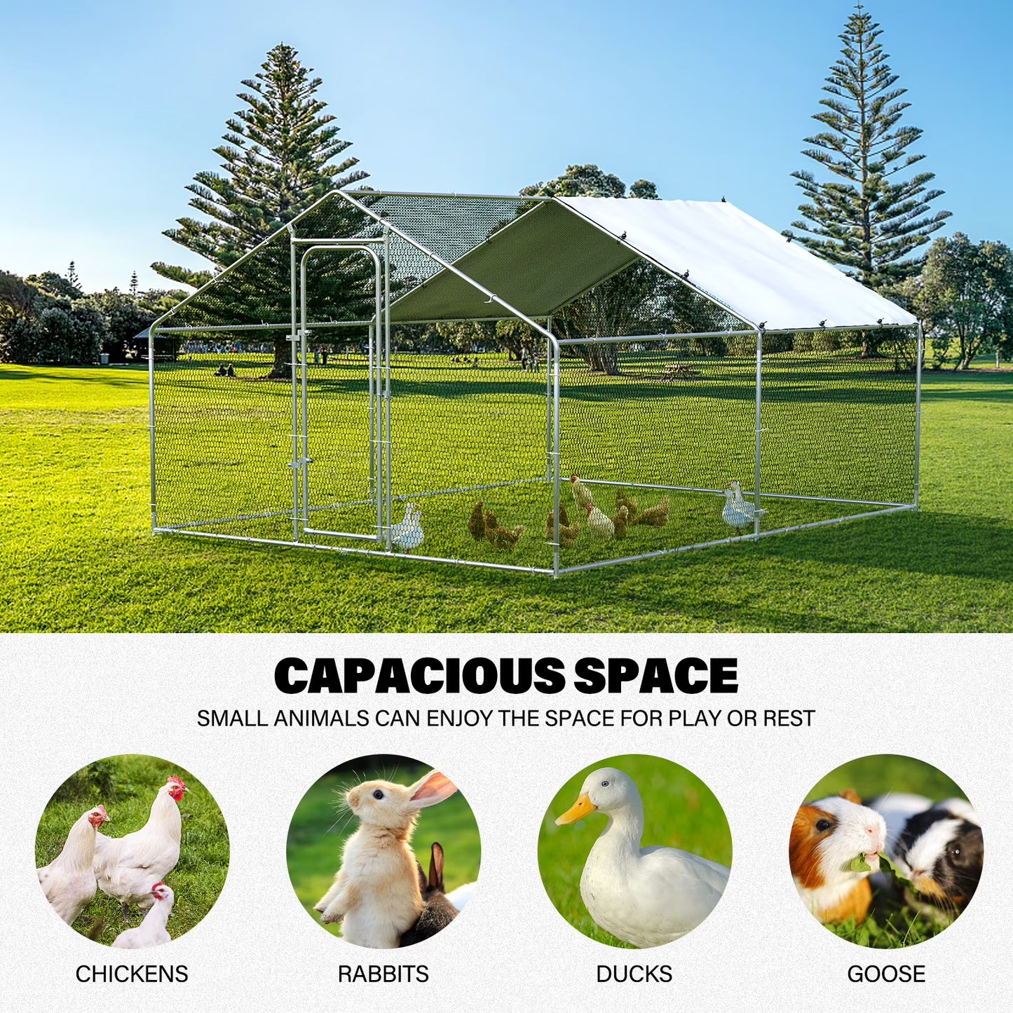 Oranland 4.9'x 9.9'x 6.5' Large Metal Walk-in Chicken Coop Run with Galvanized Hardware, Waterproof & Anti-UV Cover, for Backyard Farm