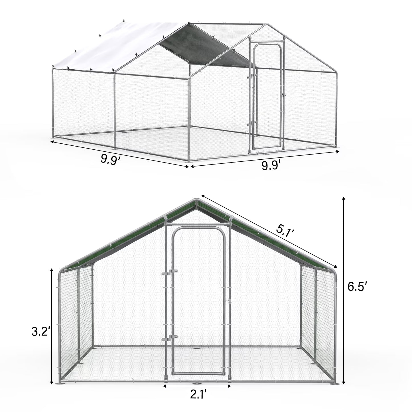 Oranland 9.9'x 9.9'x 6.5' Large Metal Chicken Coop Run, Walk-in with Galvanized Hardware, Waterproof & Anti-UV Peak Cover for Backyard, Farm