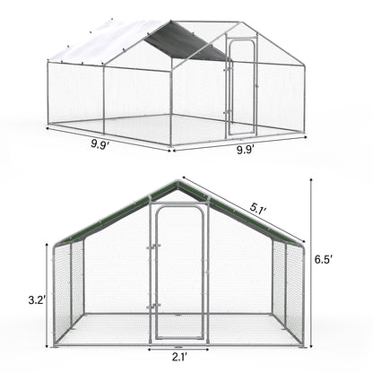 Oranland 9.9'x 9.9'x 6.5' Large Metal Chicken Coop Run, Walk-in with Galvanized Hardware, Waterproof & Anti-UV Peak Cover for Backyard, Farm