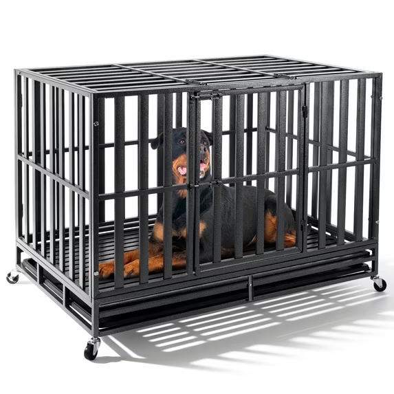 Oranland 48 inch Heavy Duty Dog Crate for High Anxiety Large Dogs,2026 Ultimate Escape Proof Base Plate,Steel Dog Kennel/Max Load Capacity 300lbs/Double Door with Wheels