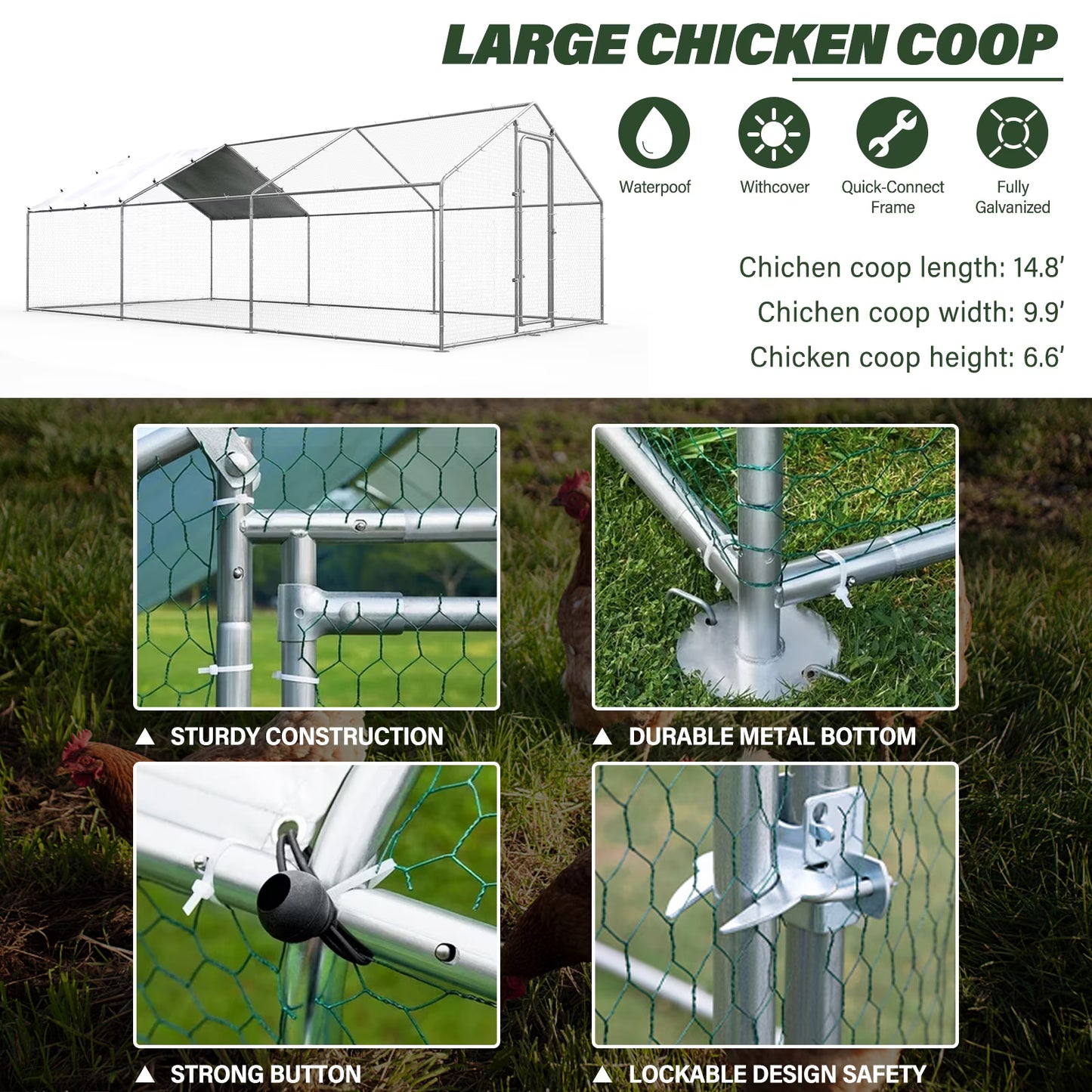 Oranland Large Walk-in Metal Chicken Coop Run 14.8'x9.9'x6.5' Galvanized Hardware, Waterproof & Anti-UV Cover for Backyard