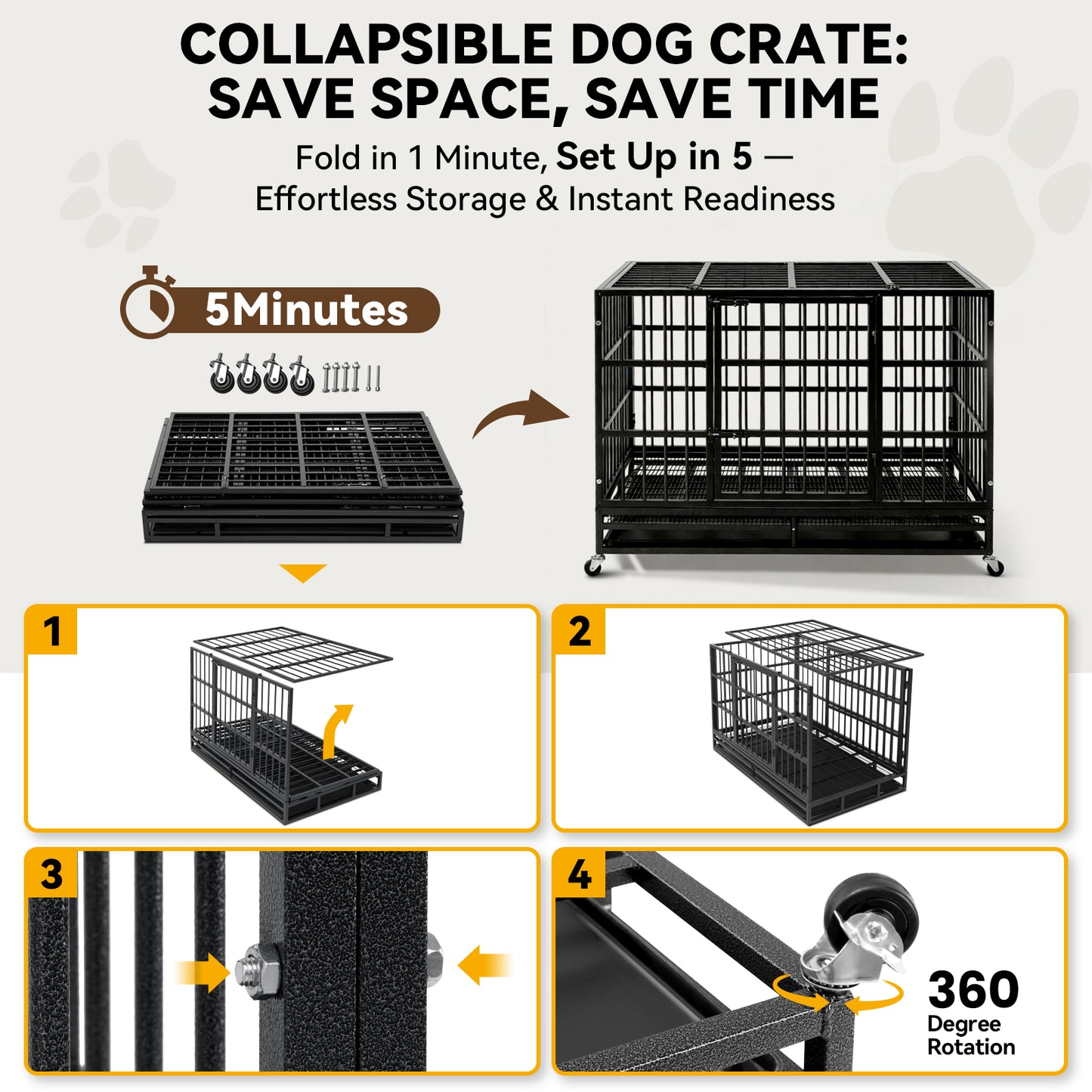 Oranland 48Inch Heavy Duty Dog Crate Cage Kennel with Wheels, High Anxiety Indestructible, Sturdy Locks Design, Double Door and Removable Tray, Extra Large XL XXL
