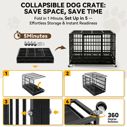 Oranland 48Inch Heavy Duty Dog Crate Cage Kennel with Wheels, High Anxiety Indestructible, Sturdy Locks Design, Double Door and Removable Tray, Extra Large XL XXL