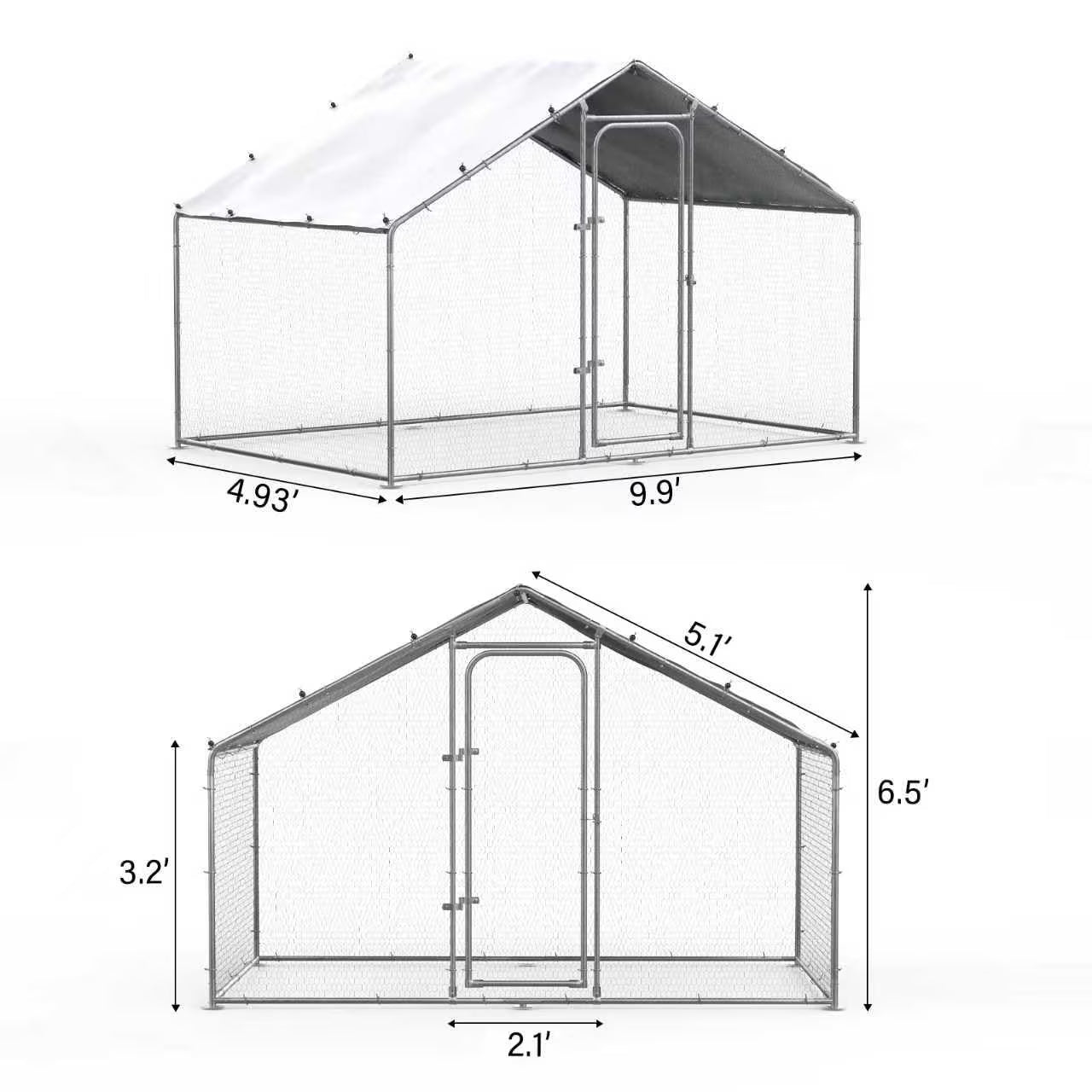 Oranland 4.9'x 9.9'x 6.5' Large Metal Walk-in Chicken Coop Run with Galvanized Hardware, Waterproof & Anti-UV Cover, for Backyard Farm