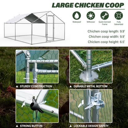 Oranland 9.9'x 9.9'x 6.5' Large Metal Chicken Coop Run, Walk-in with Galvanized Hardware, Waterproof & Anti-UV Peak Cover for Backyard, Farm