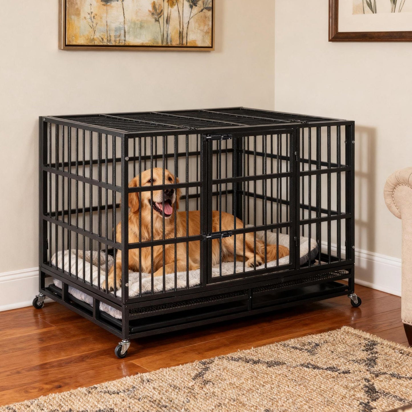 Oranland 48Inch Heavy Duty Dog Crate Cage Kennel with Wheels, High Anxiety Indestructible, Sturdy Locks Design, Double Door and Removable Tray, Extra Large XL XXL