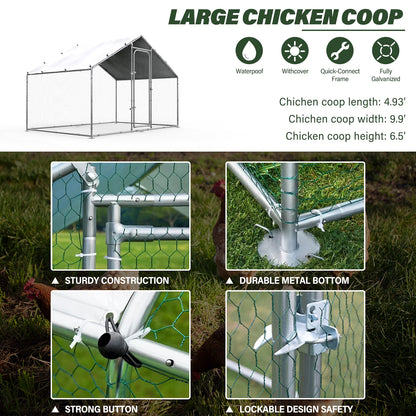 Oranland 4.9'x 9.9'x 6.5' Large Metal Walk-in Chicken Coop Run with Galvanized Hardware, Waterproof & Anti-UV Cover, for Backyard Farm