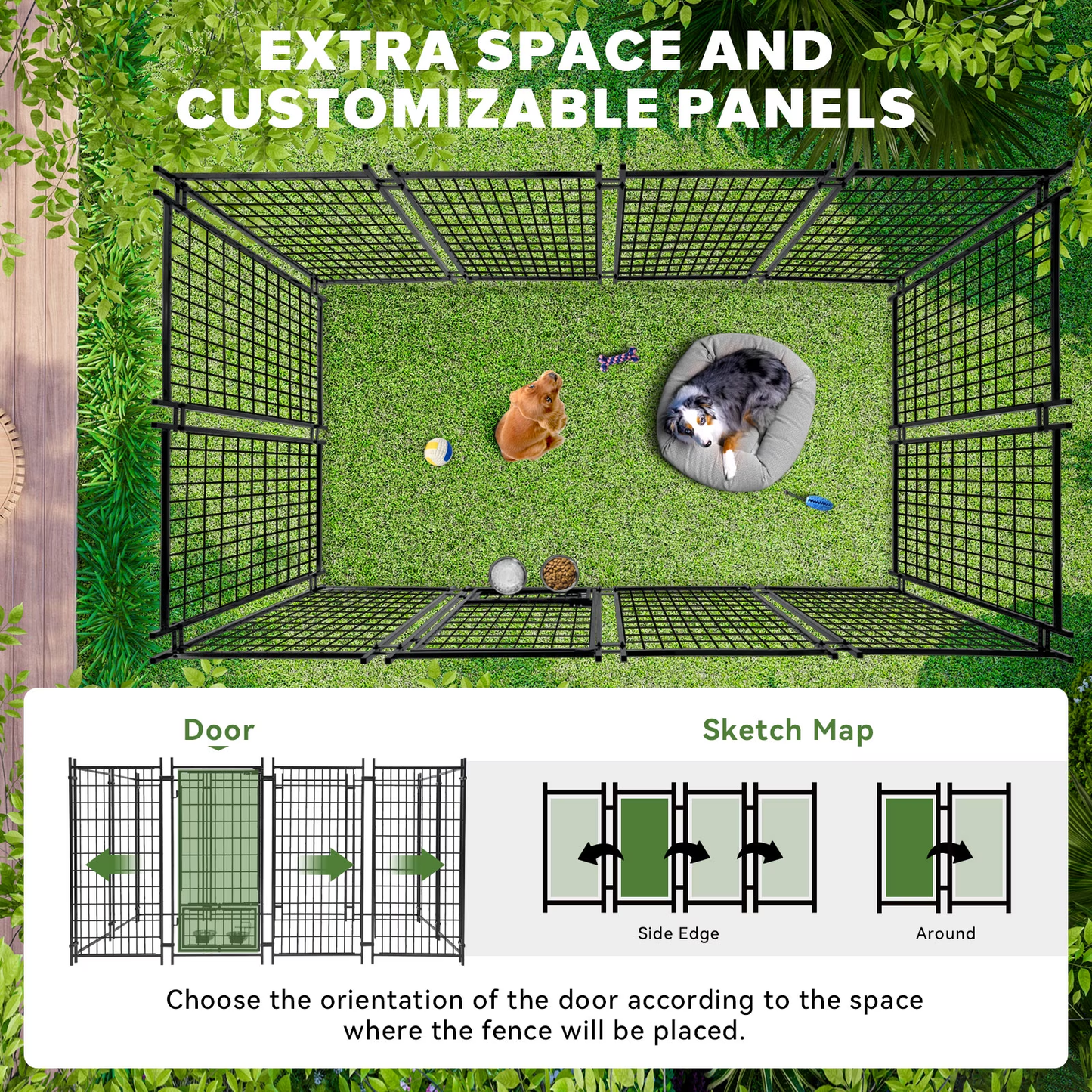 Oranland 8'x 4'x 6' Outdoor Large Dog Kennel, Welded Rectangular Dog Pens Cage with Waterproof Cover, Dog Playpen with 2 Rotating Bowls & Secure Lock for Patio, Garden, Backyard