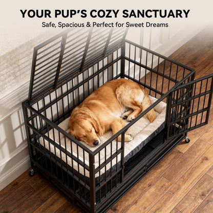 Oranland 48Inch Heavy Duty Dog Crate Cage Kennel with Wheels, High Anxiety Indestructible, Sturdy Locks Design, Double Door and Removable Tray, Extra Large XL XXL