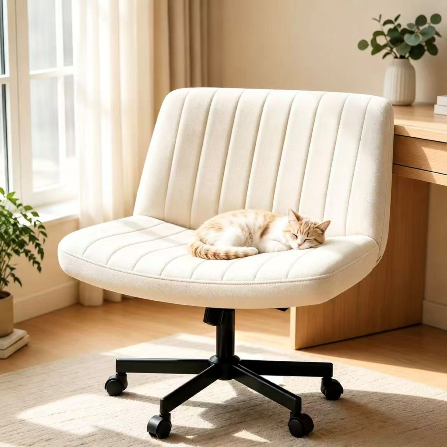 Oranland Armless Office Chair, Desk Chair With Wheels, Criss Cross Chair, Fabric Padded Cross Legged Office Chair, Adjustable Wide Seat/120°Rocking/Mid Back/Ergonomic(Beige)