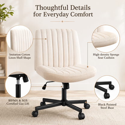 Oranland Armless Office Chair, Desk Chair With Wheels, Criss Cross Chair, Fabric Padded Cross Legged Office Chair, Adjustable Wide Seat/120°Rocking/Mid Back/Ergonomic(Beige)
