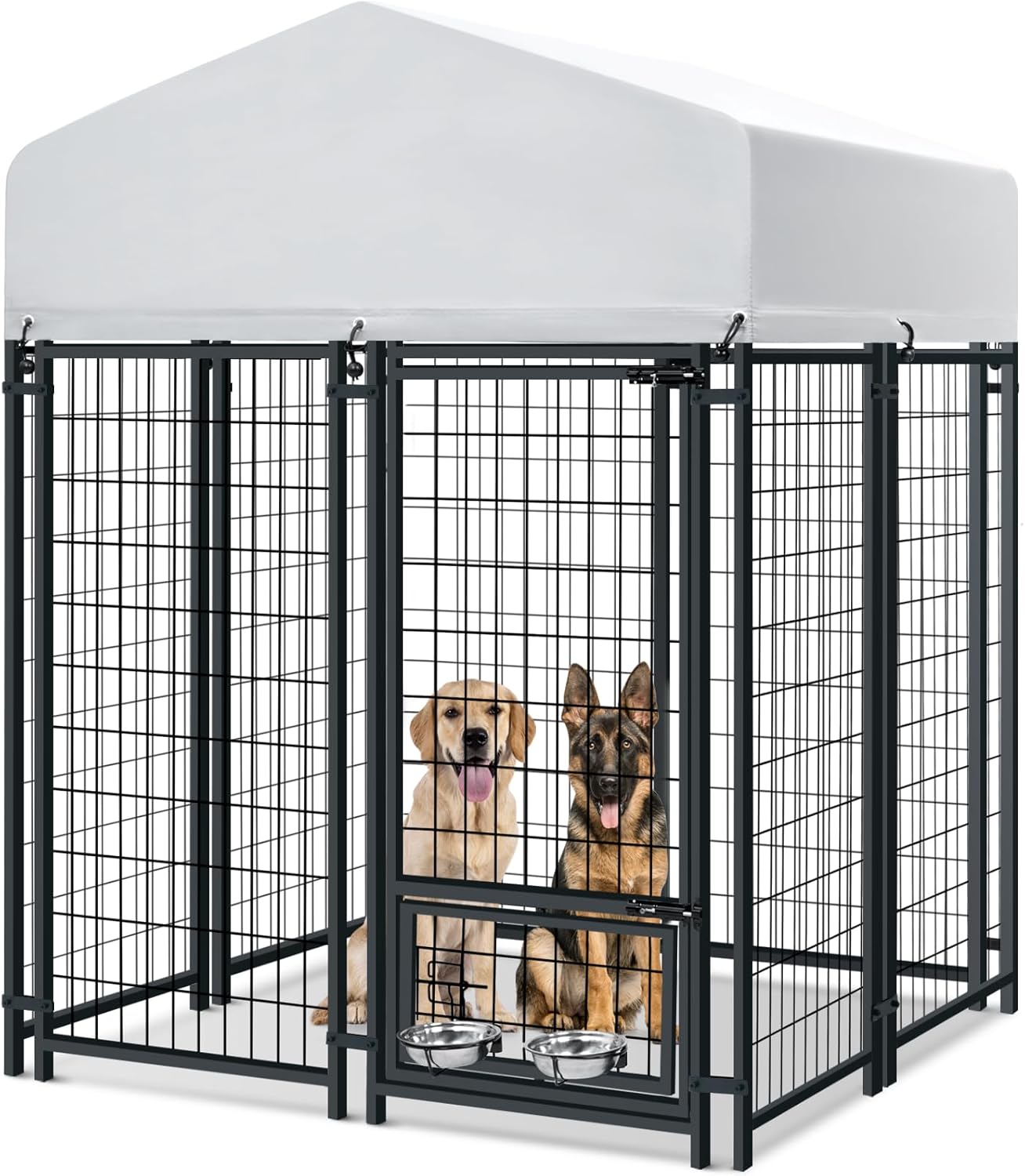 Oranland 4x4x6 FT Outdoor Dog Kennel with Waterproof Roof, Heavy-Duty Welded Wire Steel Dog Pen with Secure Lock and 360° Rotating Feeding Bowls