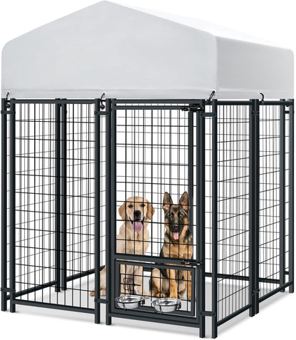 Oranland 4x4x6 FT Outdoor Dog Kennel with Waterproof Roof, Heavy-Duty Welded Wire Steel Dog Pen with Secure Lock and 360° Rotating Feeding Bowls