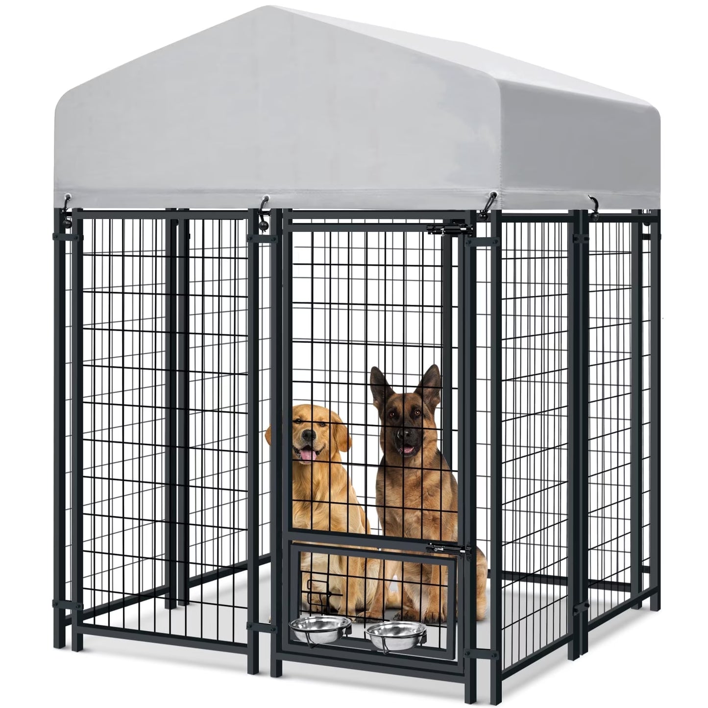 Oranland 4'x 4'x 6' Outdoor Large Dog Kennel, Welded Rectangular Dog Pens Cage with Waterproof Cover, Dog Playpen with 2 Rotating Bowls & Secure Lock for Patio, Garden, Backyard