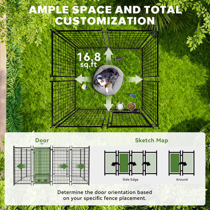 Oranland 4 x4 x5FT Outdoor Large Dog Kennel, Heavy Duty Modular Dog Cage with Waterproof Cover, Dog Playpen with 2 Rotating Bowls & Secure Lock for Patio, Garden, Backyard