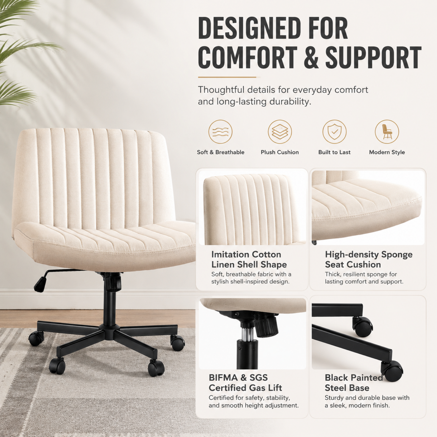 Oranland Armless Office Chair, Desk Chair With Wheels, Criss Cross Chair, Fabric Padded Cross Legged Office Chair, Adjustable Wide Seat/120°Rocking/Mid Back/Ergonomic(Beige)