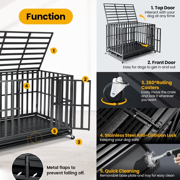Oranland 48 inch Heavy Duty Dog Crate for High Anxiety Large Dogs,2026 Ultimate Escape Proof Base Plate,Steel Dog Kennel/Max Load Capacity 300lbs/Double Door with Wheels