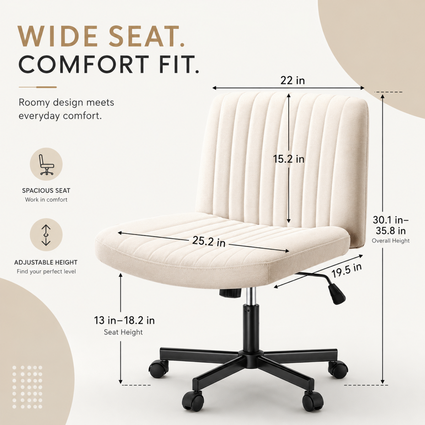 Oranland Armless Office Chair, Desk Chair With Wheels, Criss Cross Chair, Fabric Padded Cross Legged Office Chair, Adjustable Wide Seat/120°Rocking/Mid Back/Ergonomic(Beige)