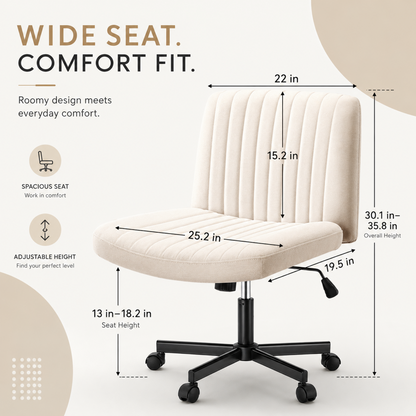 Oranland Armless Office Chair, Desk Chair With Wheels, Criss Cross Chair, Fabric Padded Cross Legged Office Chair, Adjustable Wide Seat/120°Rocking/Mid Back/Ergonomic(Beige)